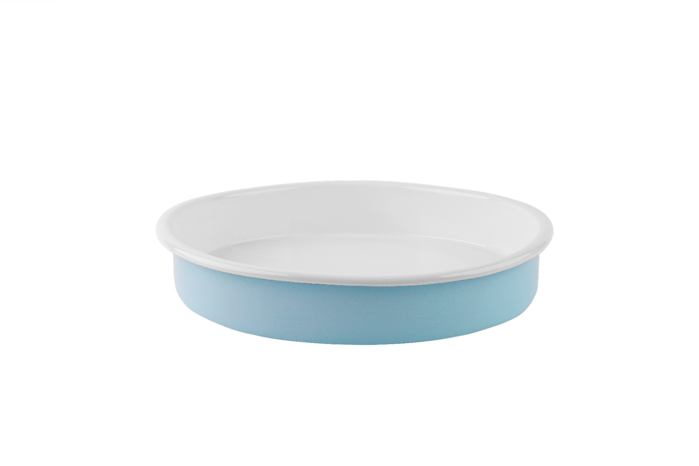 Eine pastellblaue Emaille-Ofenform