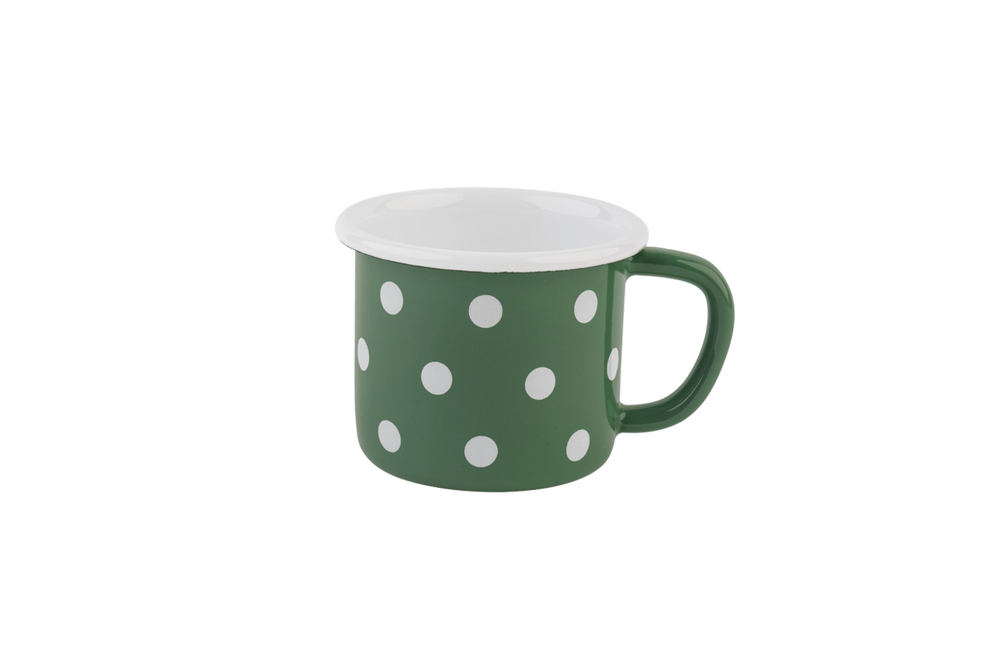 Eine olivgrün-gepunktete Emaille-Tasse