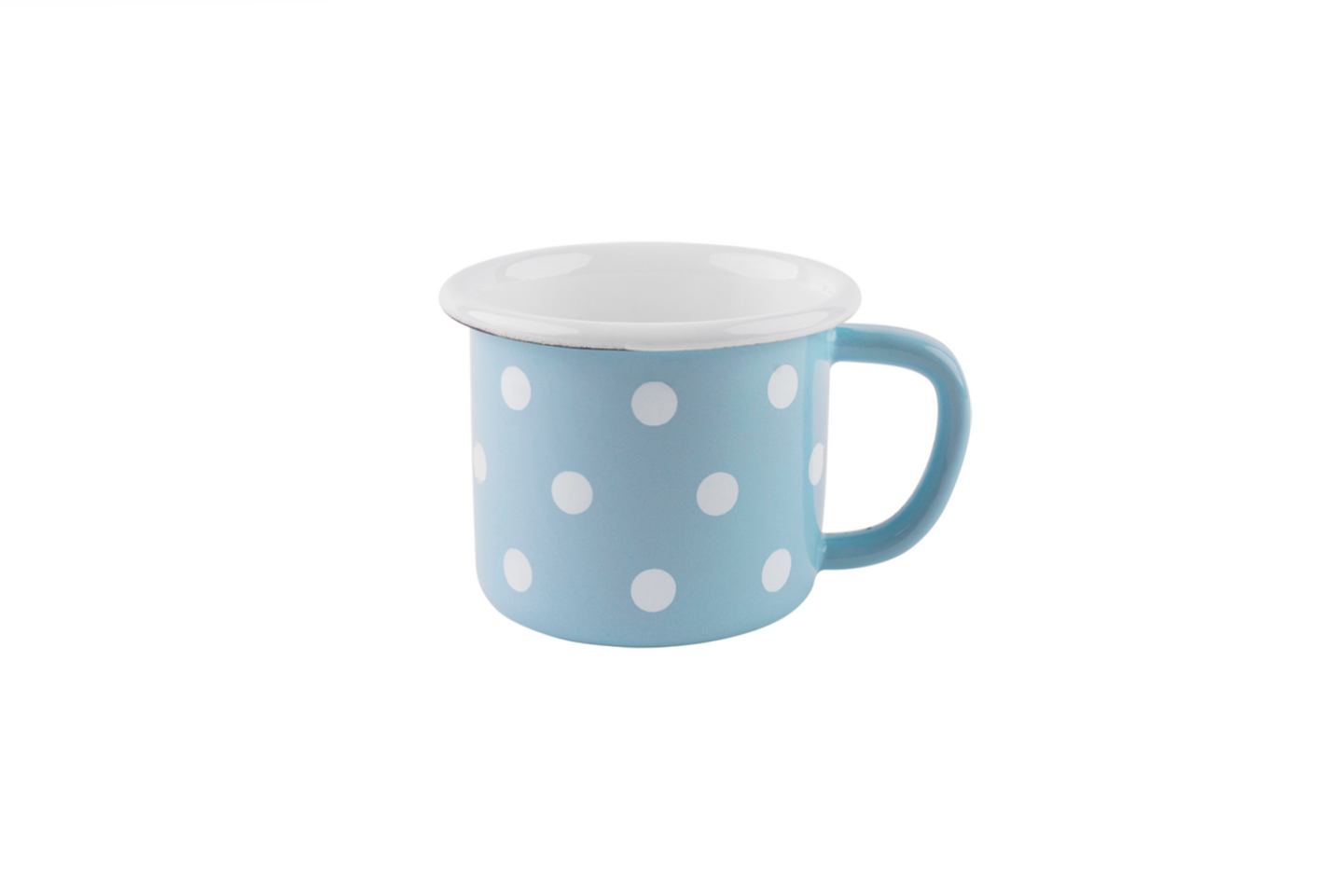 Eine pastellblau-gepunktete Emaille-Tasse