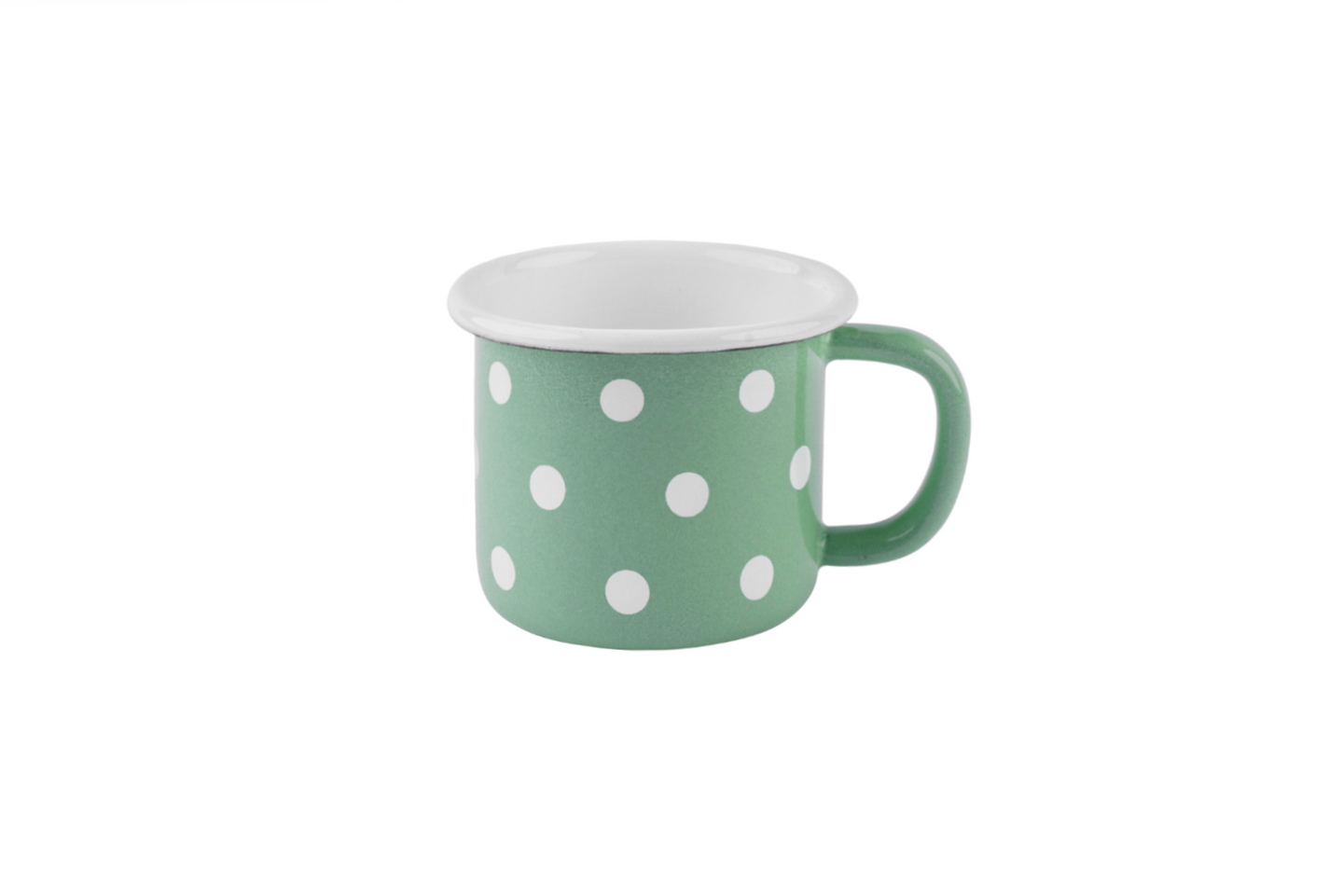Eine pastellgrün-gepunktete Emaille-Tasse