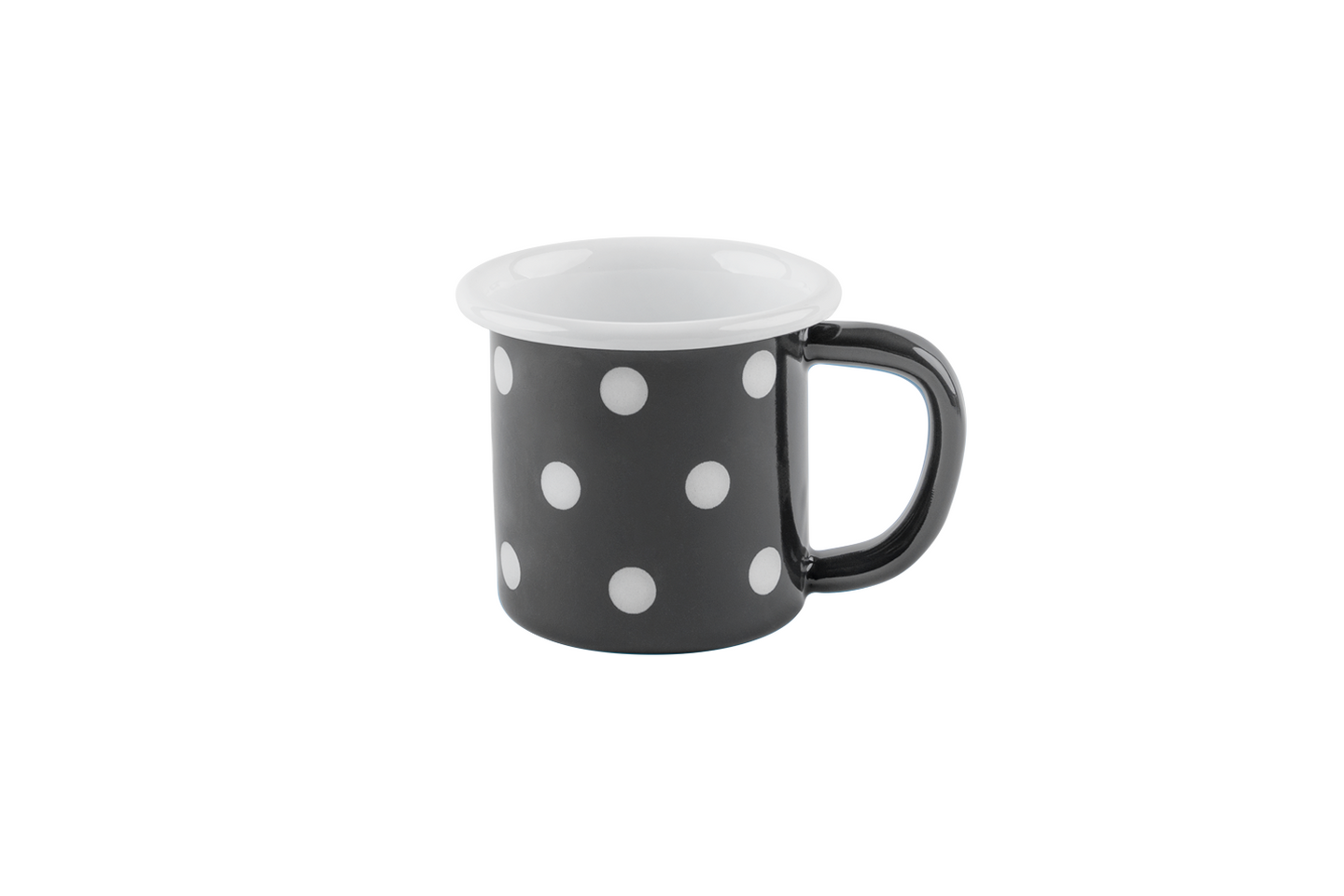 Eine anthrazit-gepunktete Emaille-Tasse