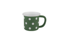 Eine olivgrün-gepunktete Emaille-Tasse