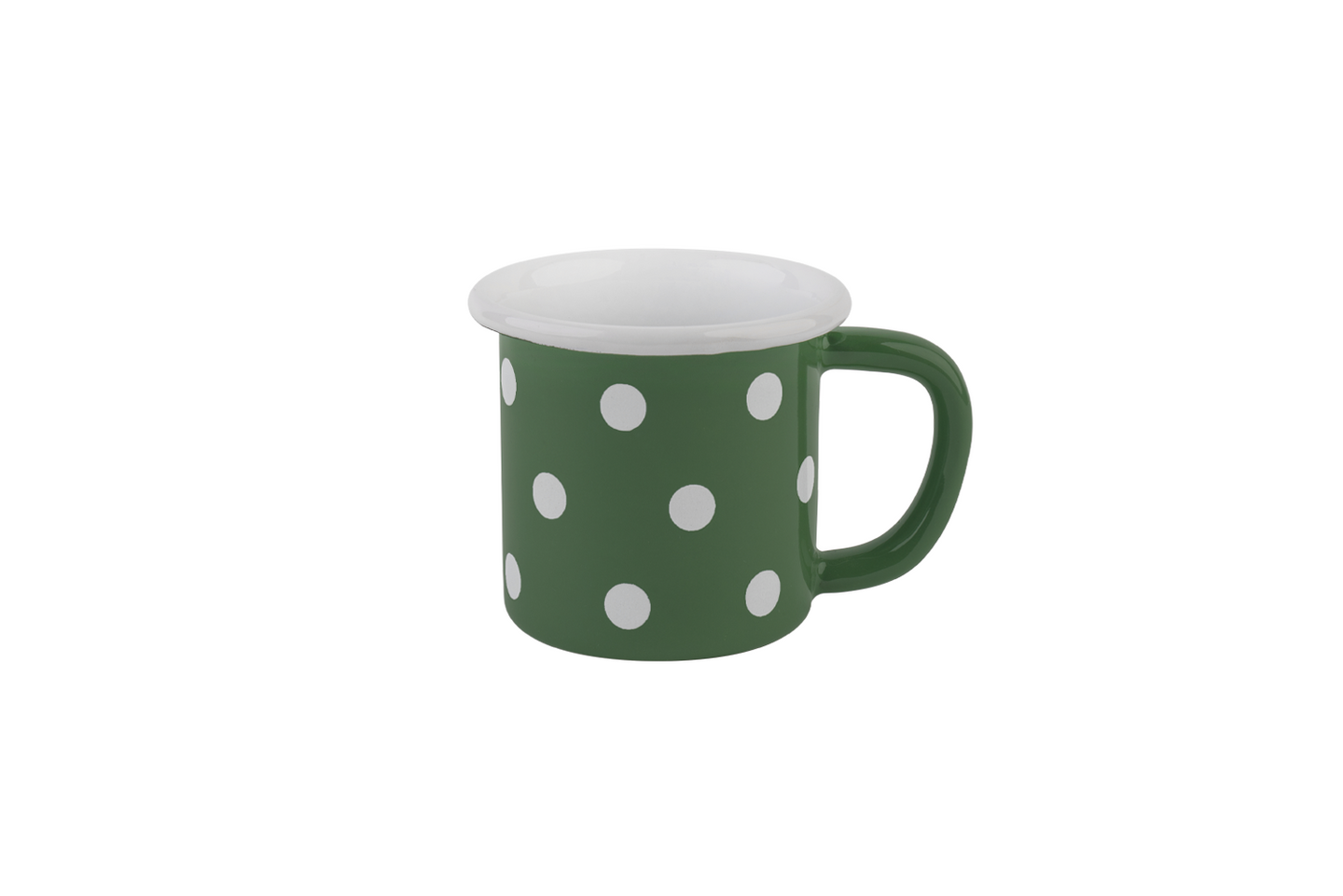 Eine olivgrün-gepunktete Emaille-Tasse