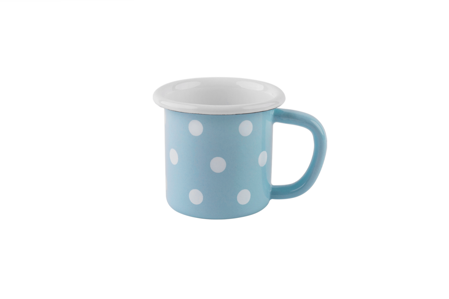 Eine pastellblau-gepunktete Emaille-Tasse