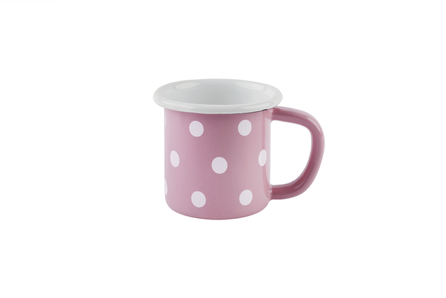 Eine pastellrosa-gepunktete Emaille-Tasse