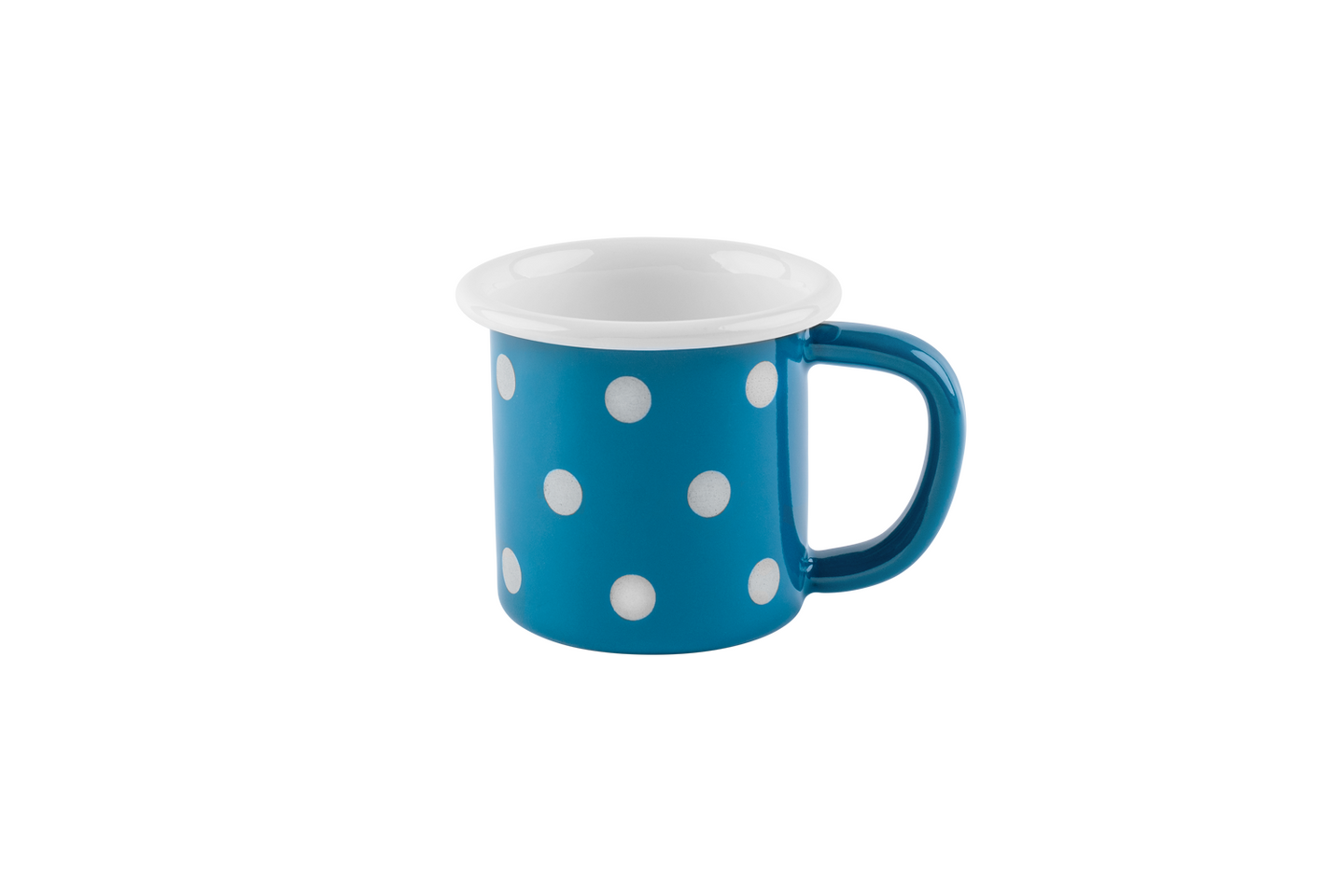 Eine petrolfarben-gepunktete Emaille-Tasse
