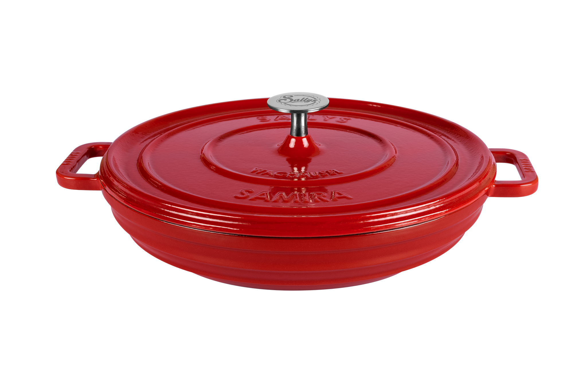 Ein flacher Gusseisentopf in der Farbe rot