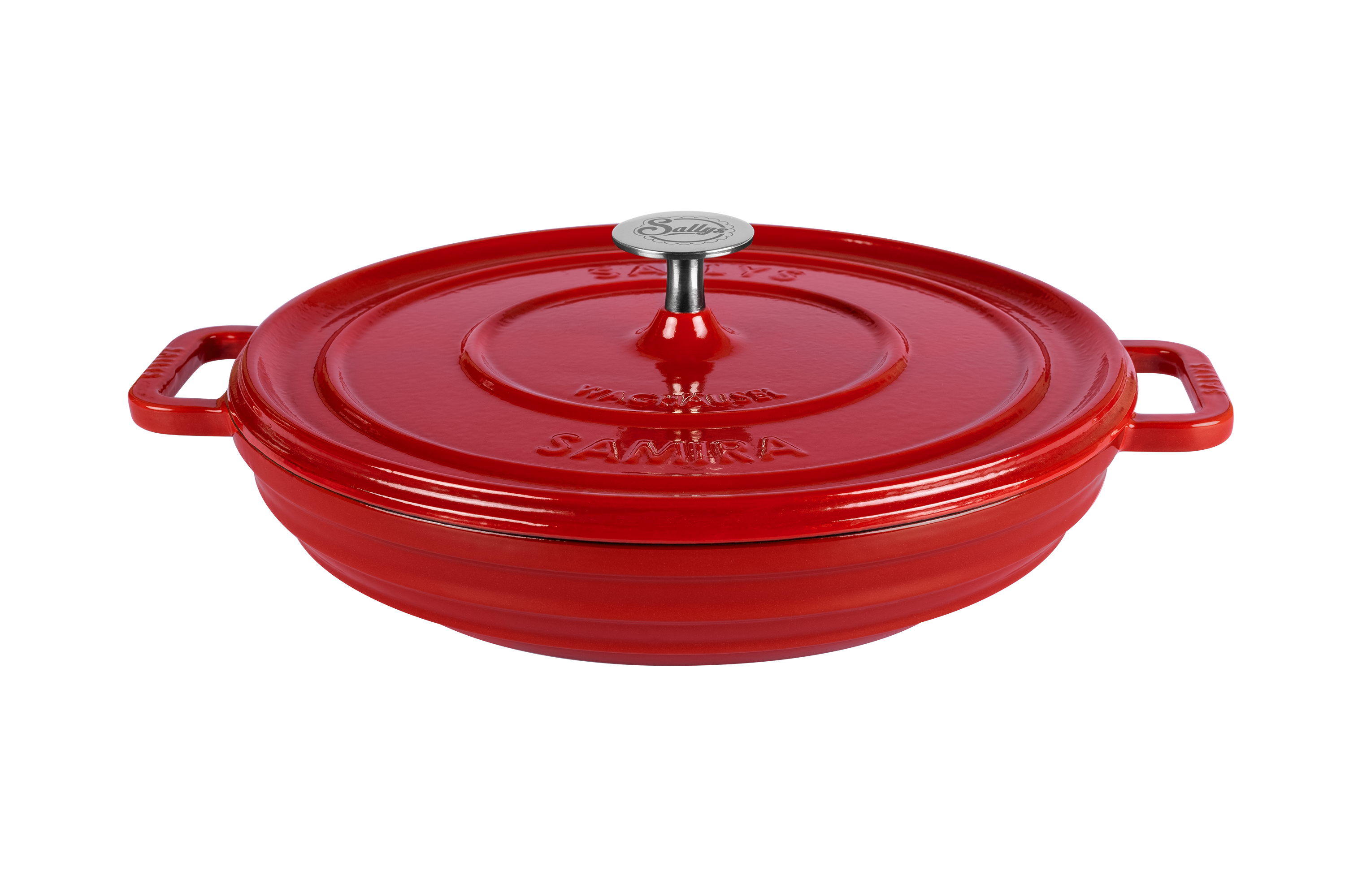 Ein flacher Gusseisentopf in der Farbe rot