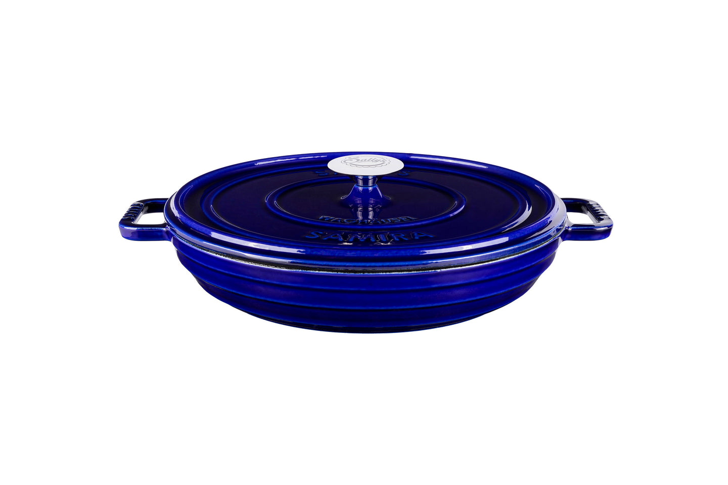 Ein flacher Gusseisentopf in der Farbe royalblue