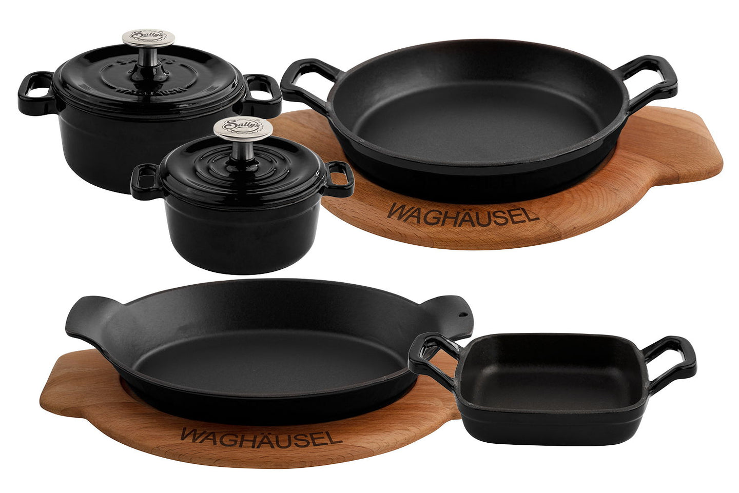 Ein Set aus 5 Gusseisenprodukten in der Farbe furyblack