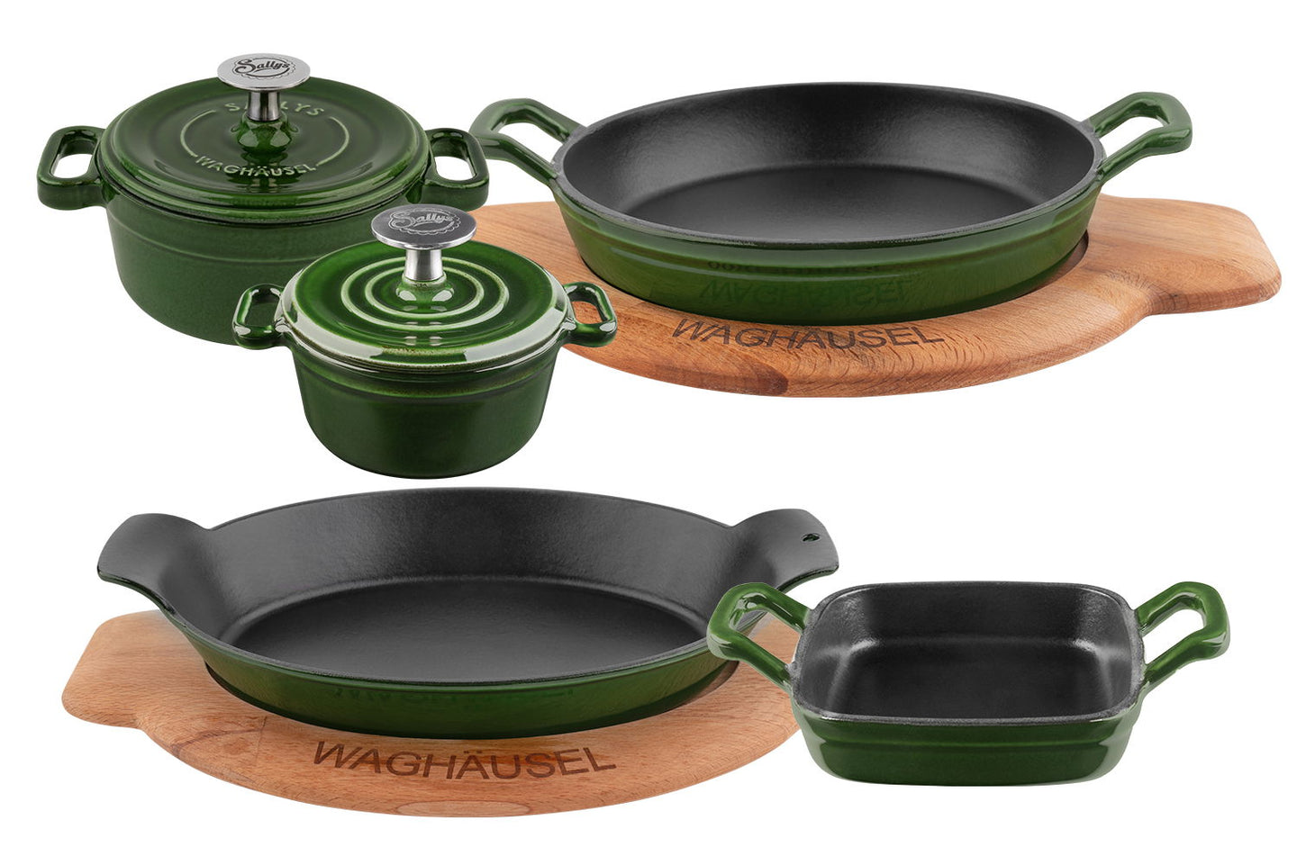 Ein Set aus 5 Gusseisenprodukten in der Farbe huntergreen