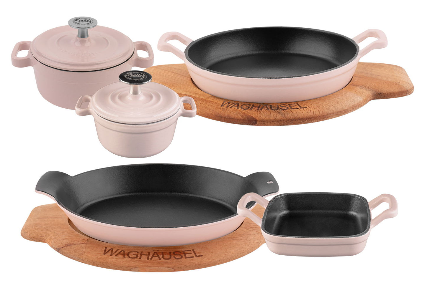 Ein Set aus 5 Gusseisenprodukten in der Farbe rosa