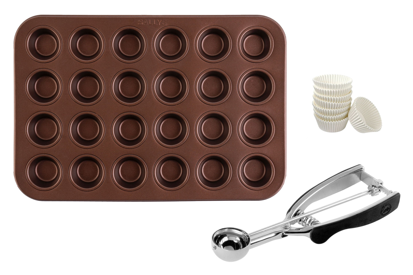Eine Form für Mini-Muffins, ein kleiner Portionierer und Muffinförmchen aus Papier