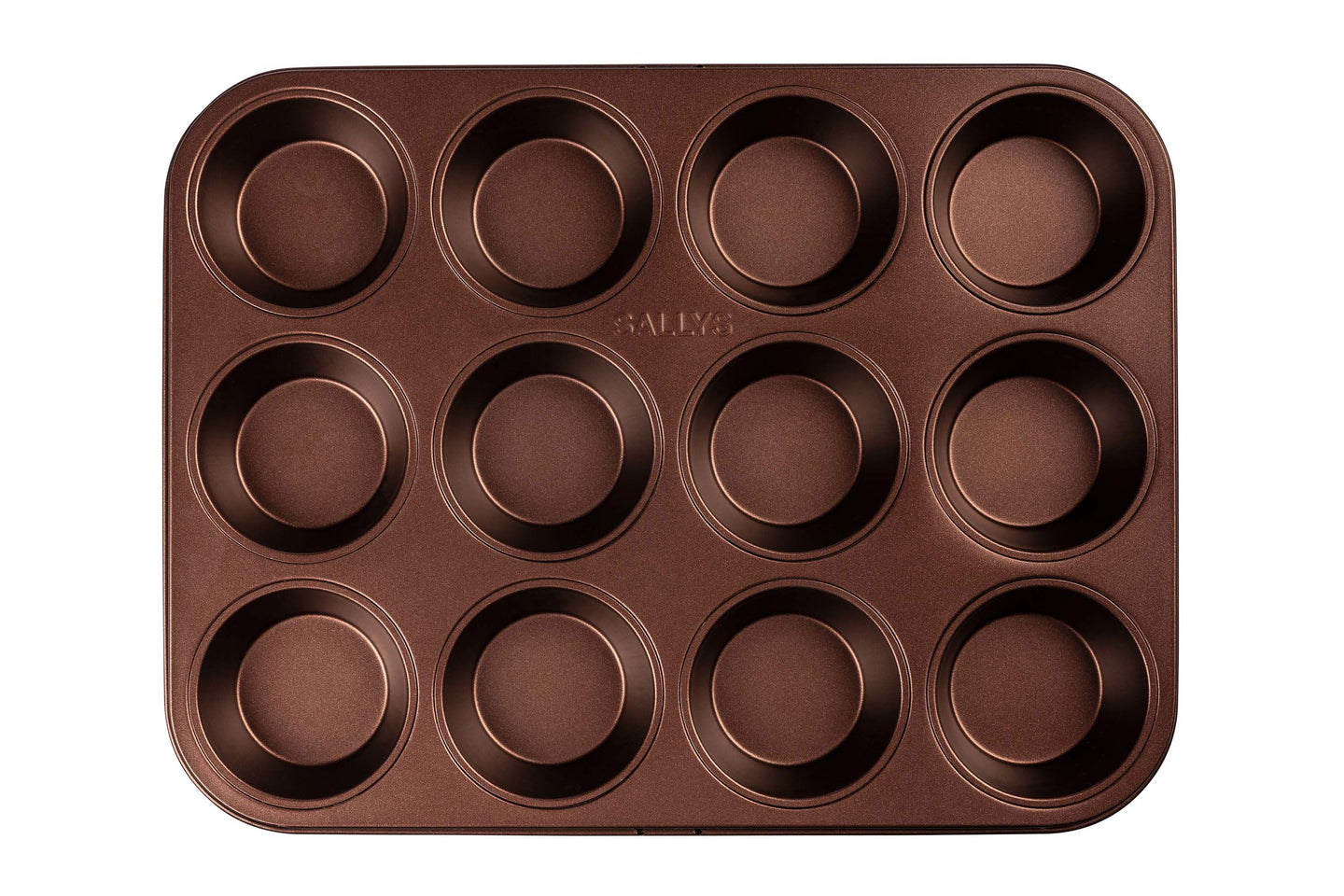 Ein kupferfarbenes Muffinblech