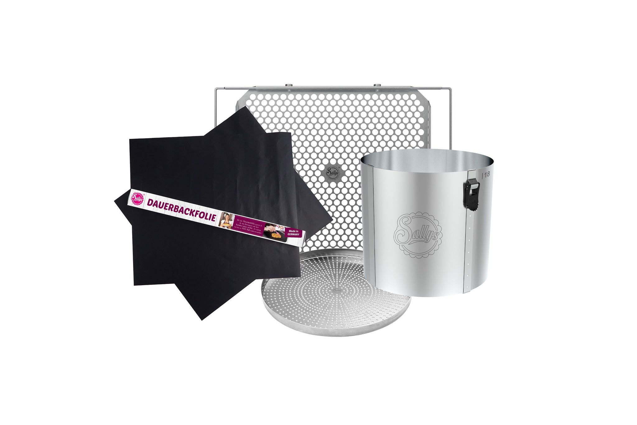 Ein V3 Backblech, ein V2 Tortenring, eine Dauerbackfolie und ein Springformboden