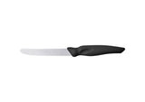 Ein Messer mit silberner Klinge und schwarzem Griff