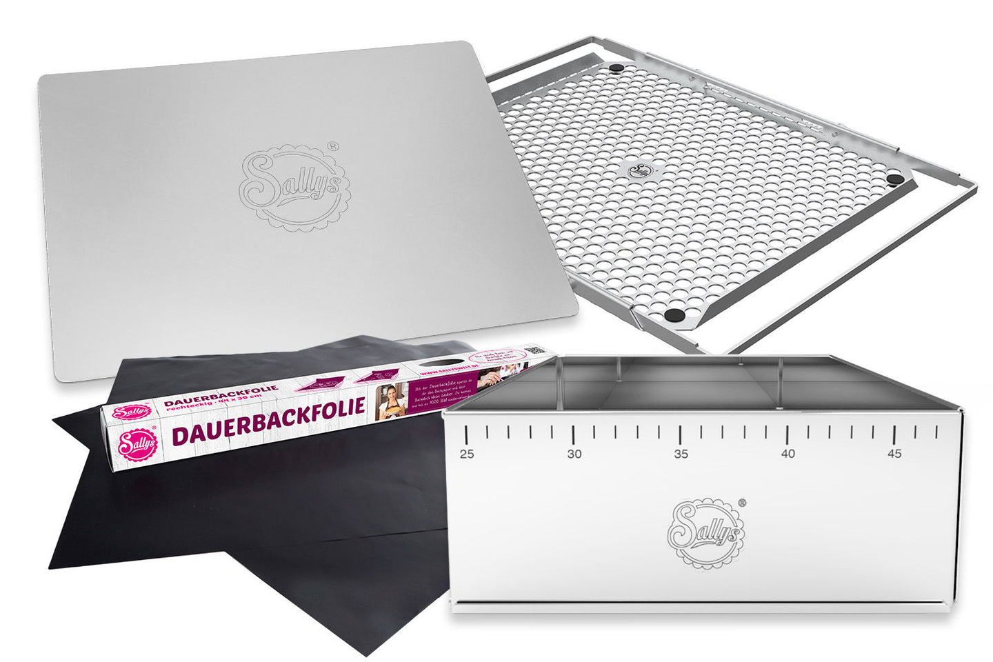 Ein eckiger Tortenretter, zwei Dauerbackfolien, das V3 Backblech und der V2 Backrahmen