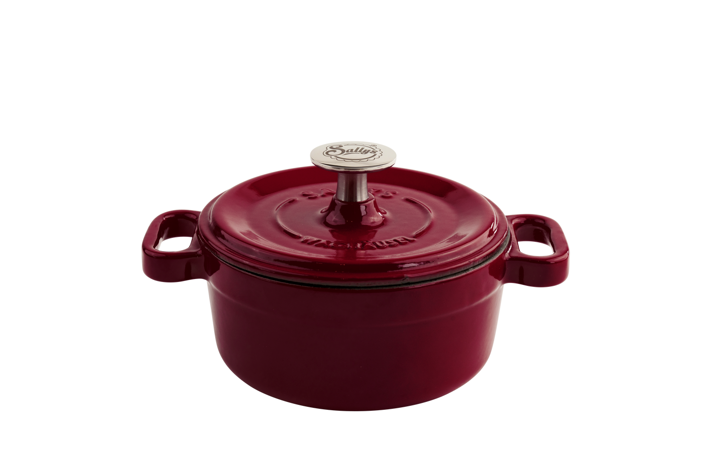 Ein mittelgroßer, bordeauxroter Gusseisen-Serviertopf