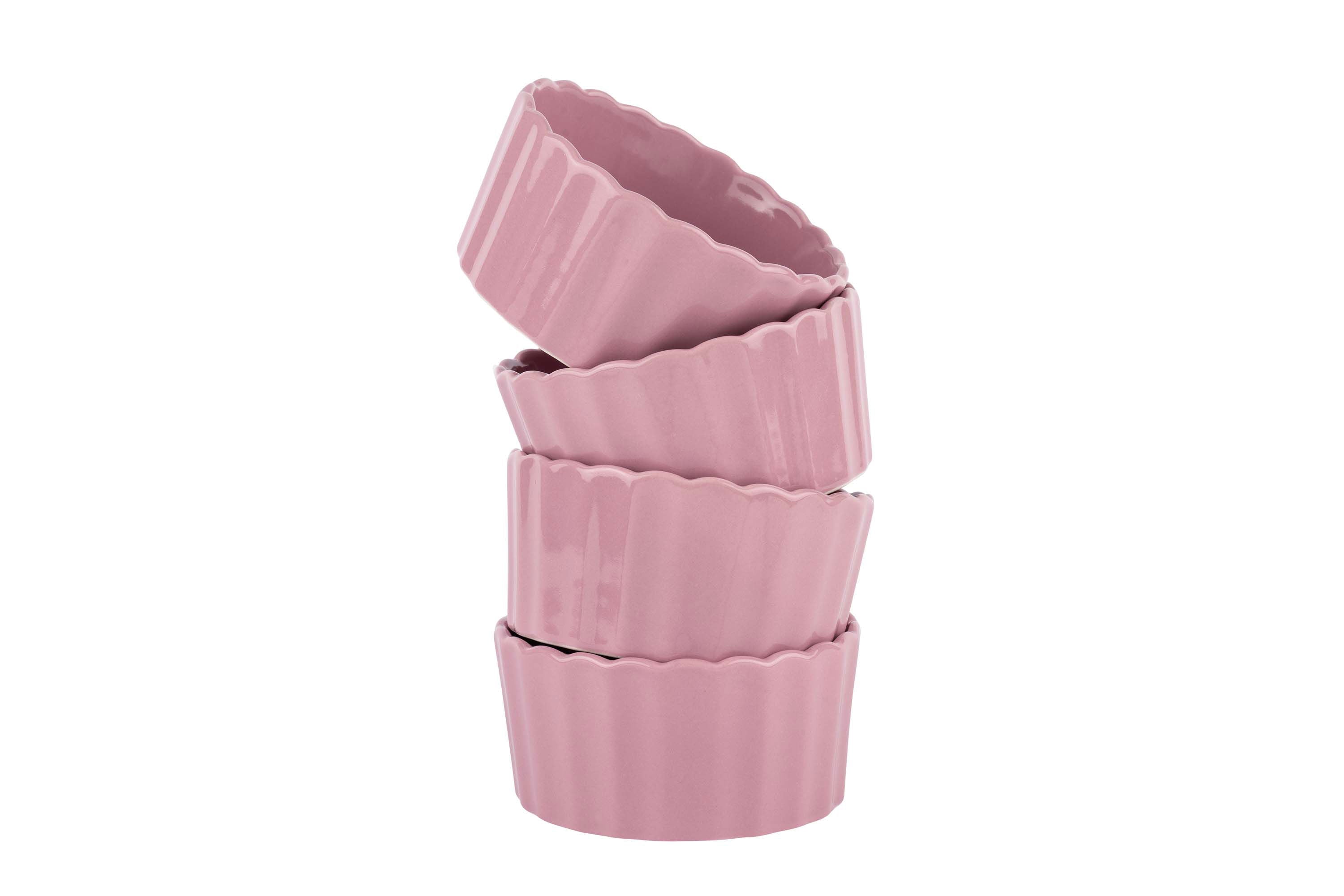 Mehrere kleine rosa, runde Stoneware-Ofenformen
