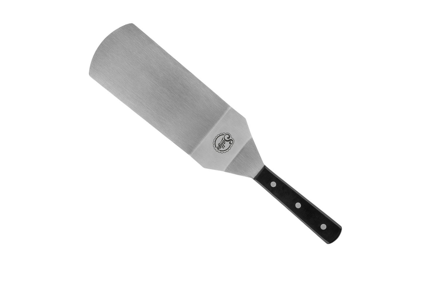 Eine silberne Streichpalette mit schwarzem Griff