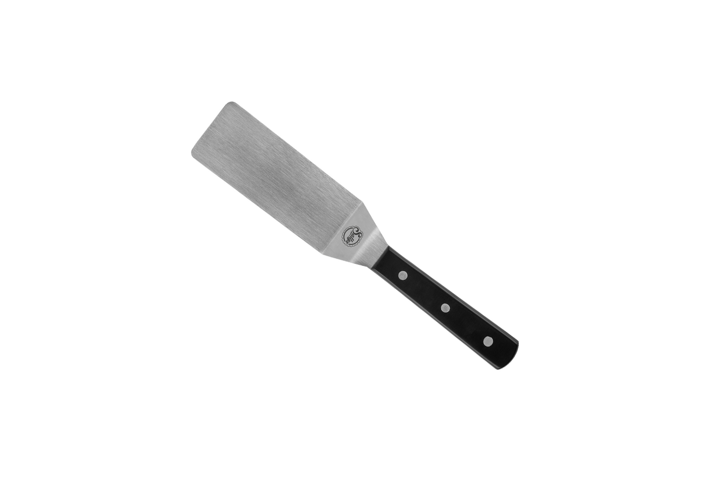 Eine silberne Streichpalette mit schwarzem Griff