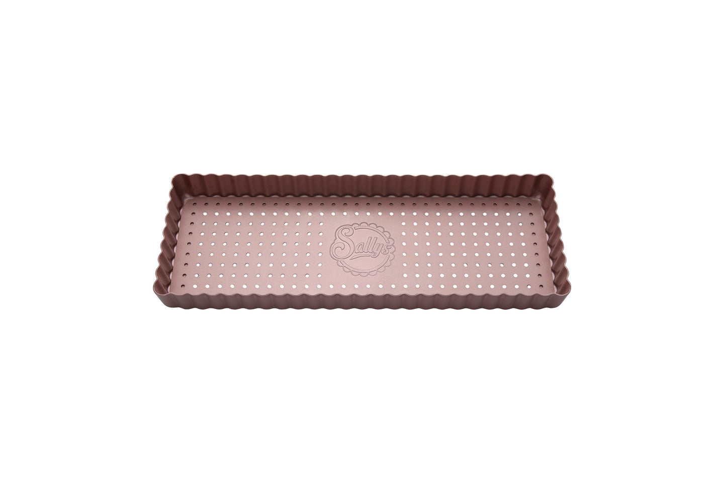 Eine rosefarbene, längliche Tarteform mit perforiertem Hebeboden