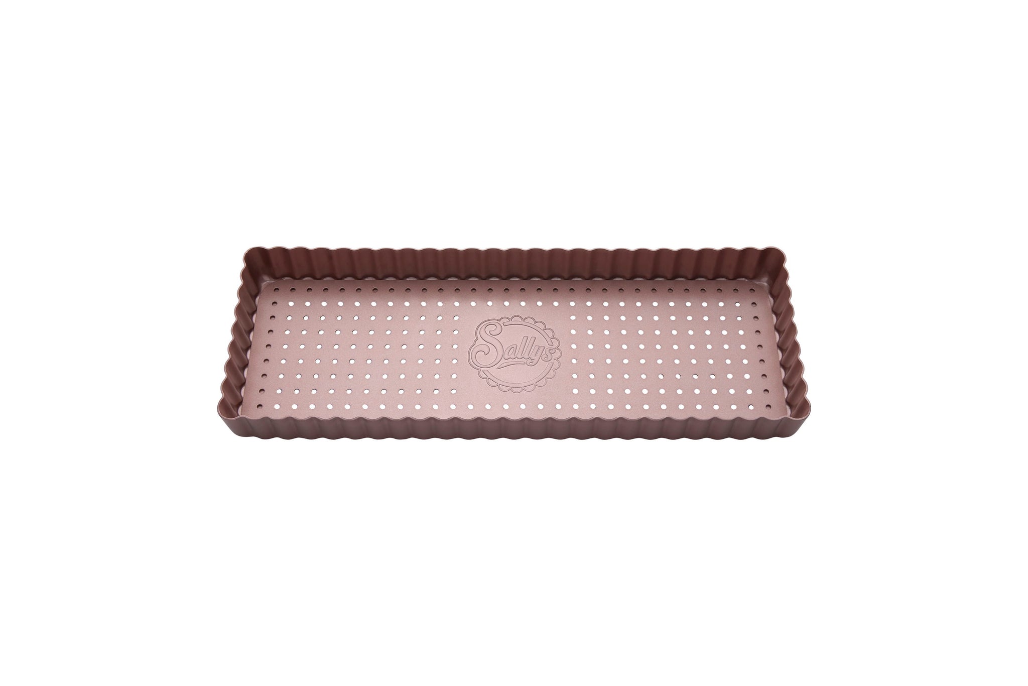Eine rosefarbene, längliche Tarteform mit perforiertem Hebeboden