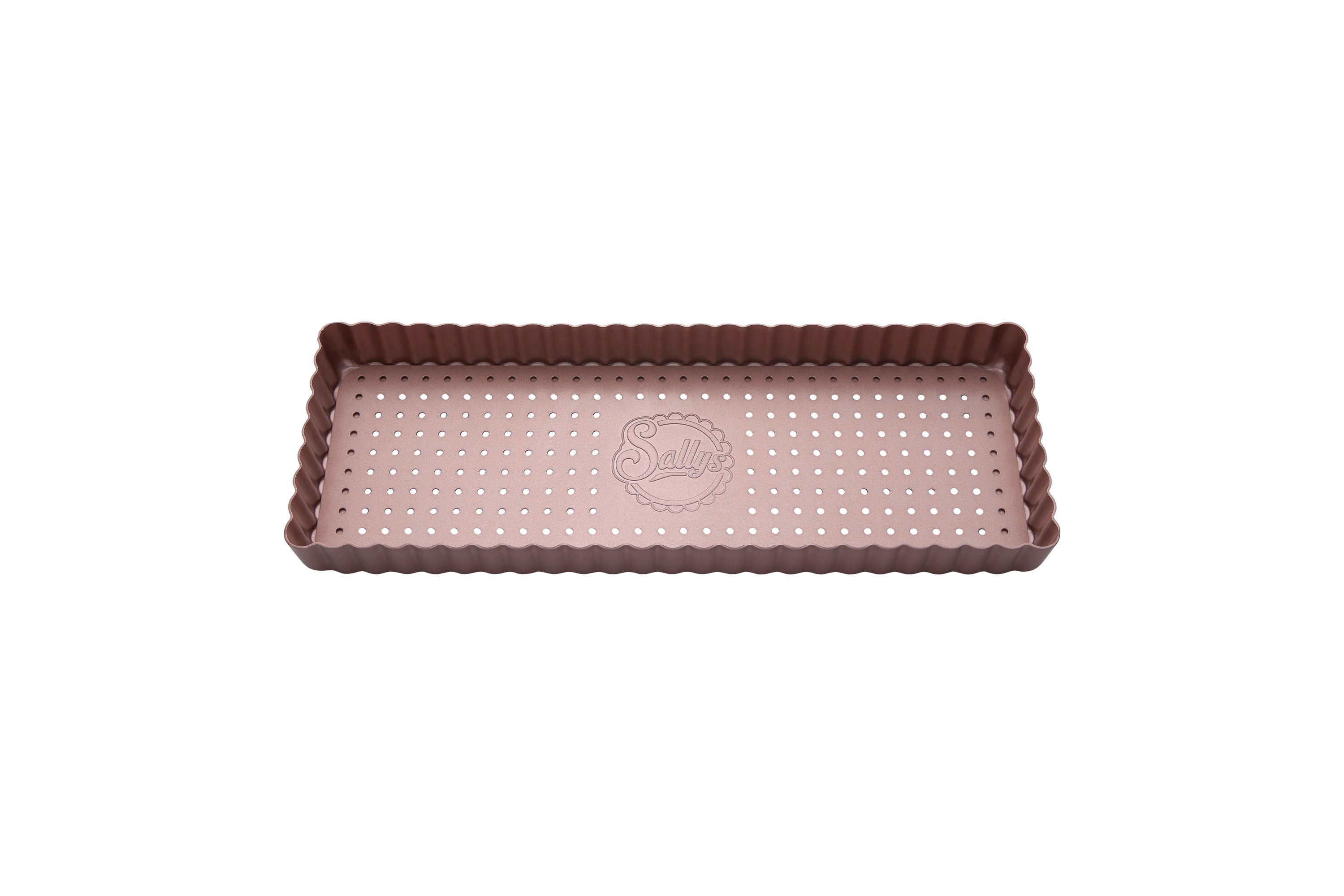 Eine rosefarbene, längliche Tarteform mit perforiertem Hebeboden