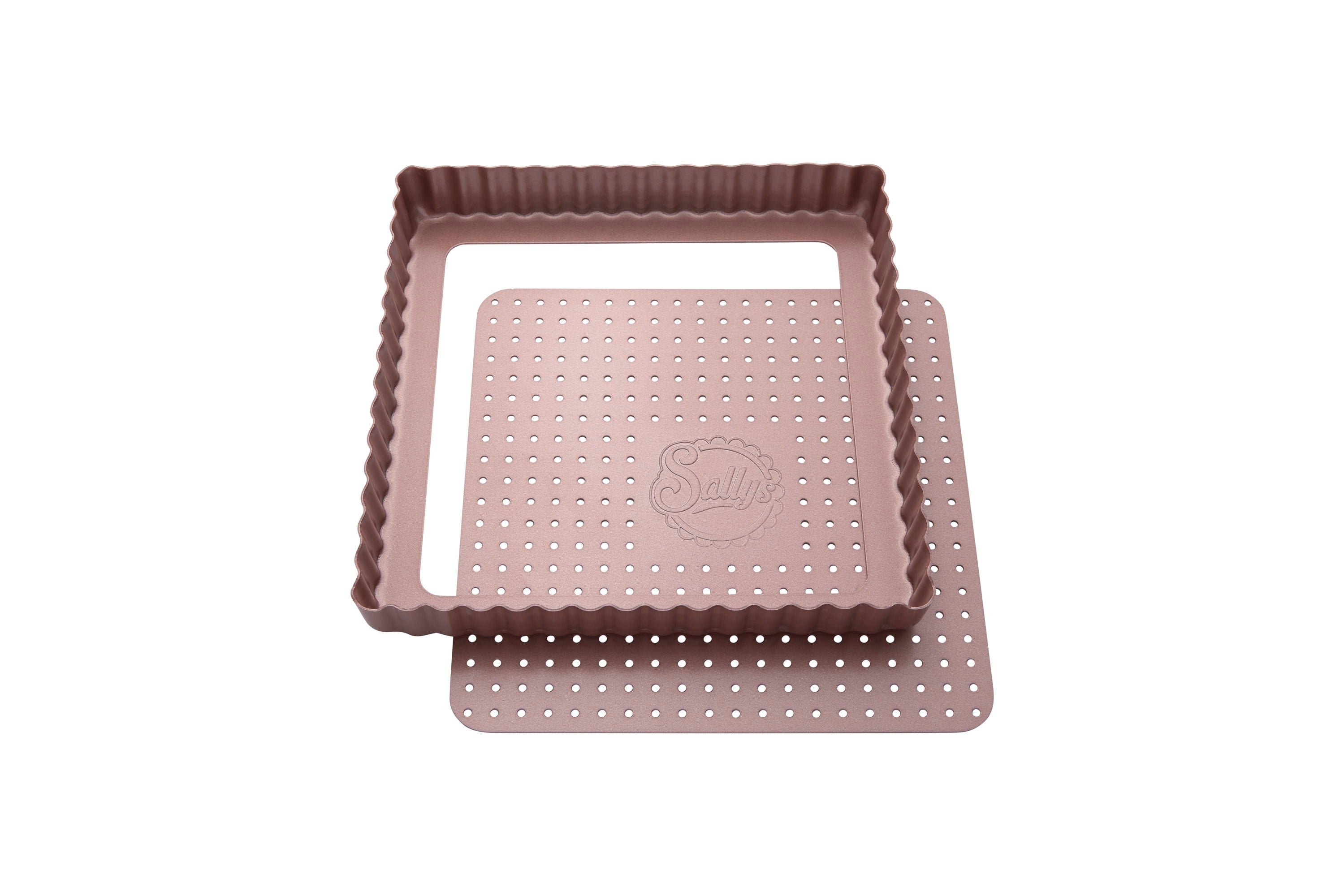 Eine rosefarbene, quadratische Tarteform mit perforiertem Hebeboden