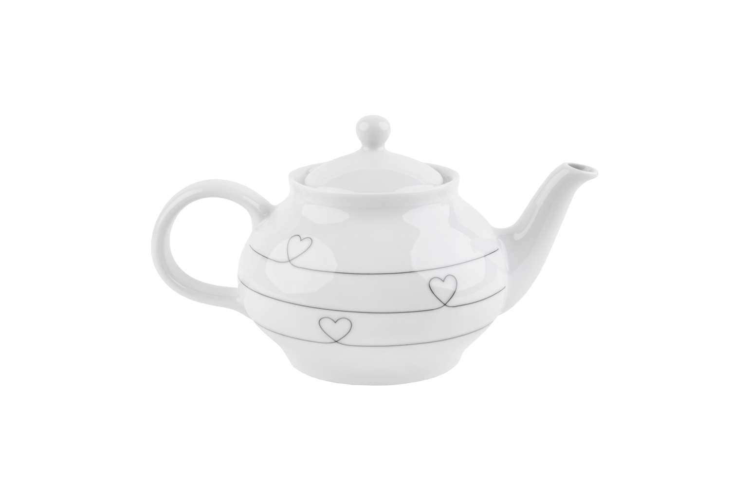 Eine weiße Teekanne mit 3 schwarzen Herzen darauf
