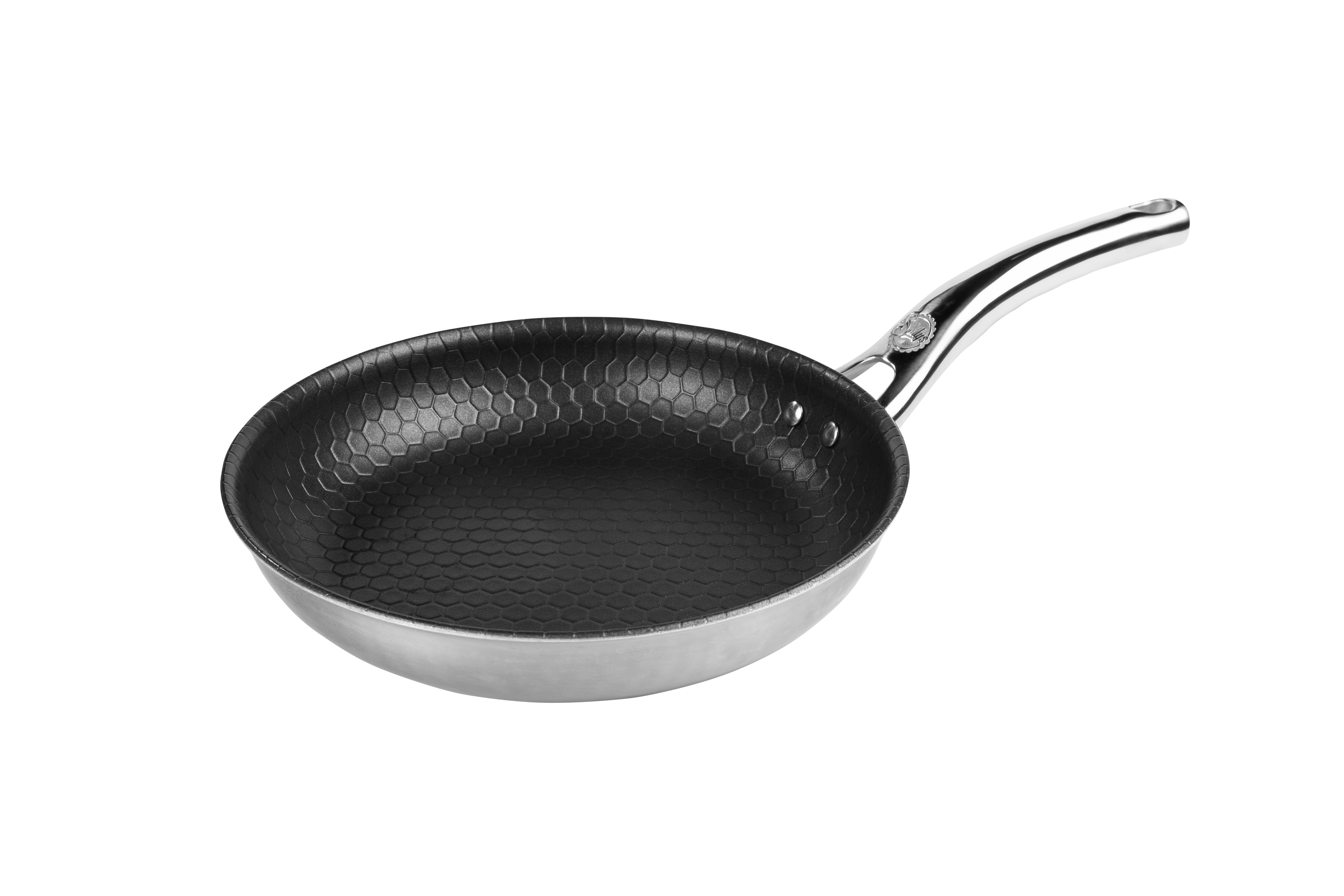 Eine kleine Wabenpfanne mit schwarzem Inneren und silbernem Griff